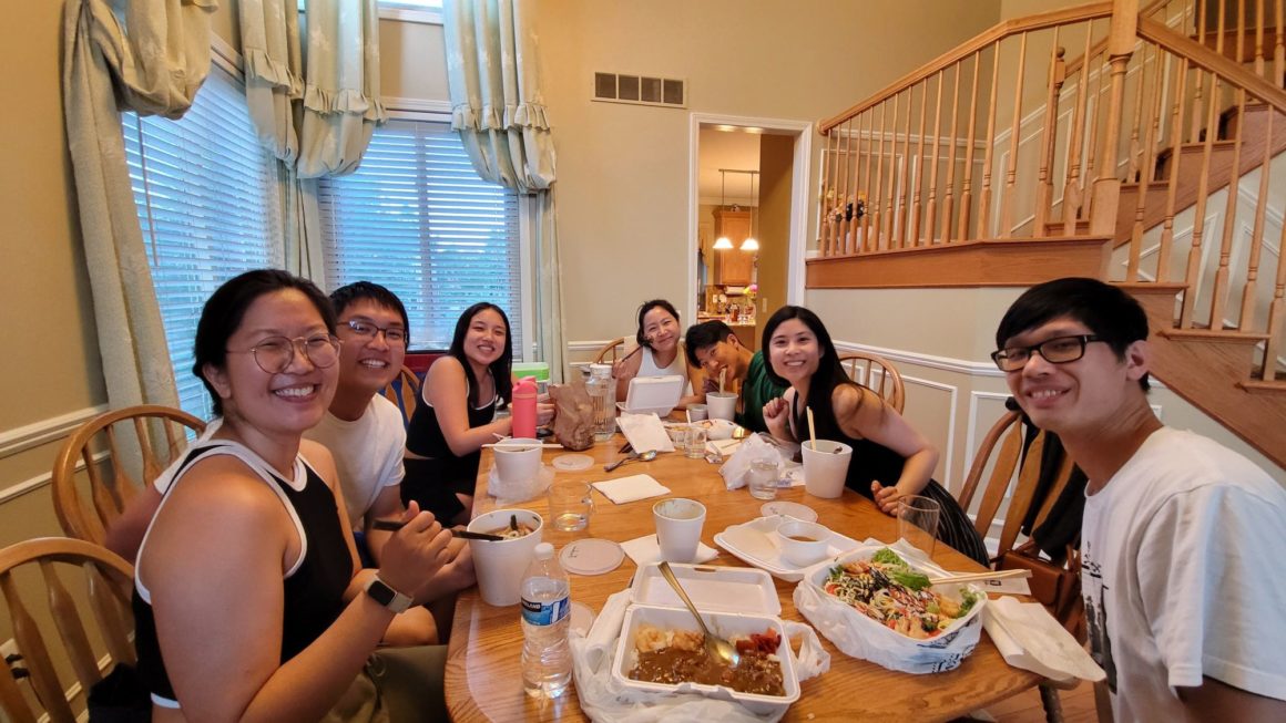 eating dinner with some friends before our flight and recollecting college memories