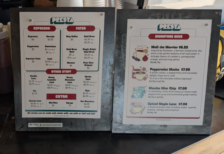 presta coffee menu