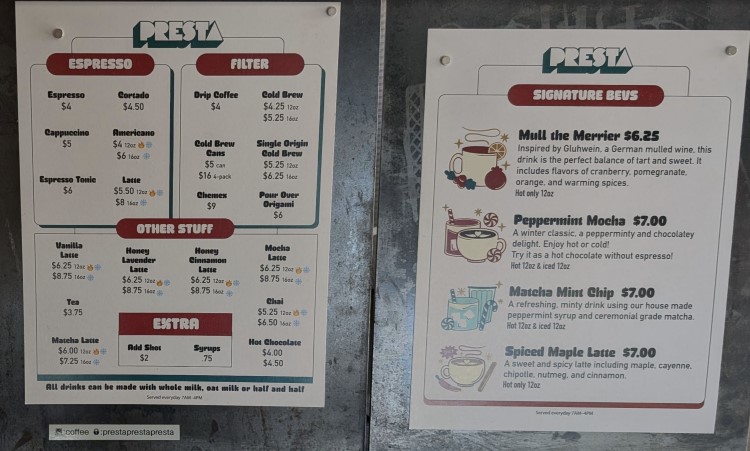 simple presta coffee menu